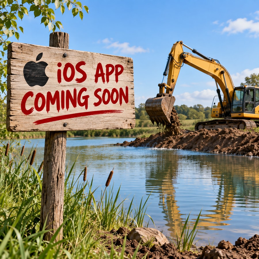 A hand-painted sign reading 'iOS App Coming Soon' beside a pond, with an excavator digging in the background
