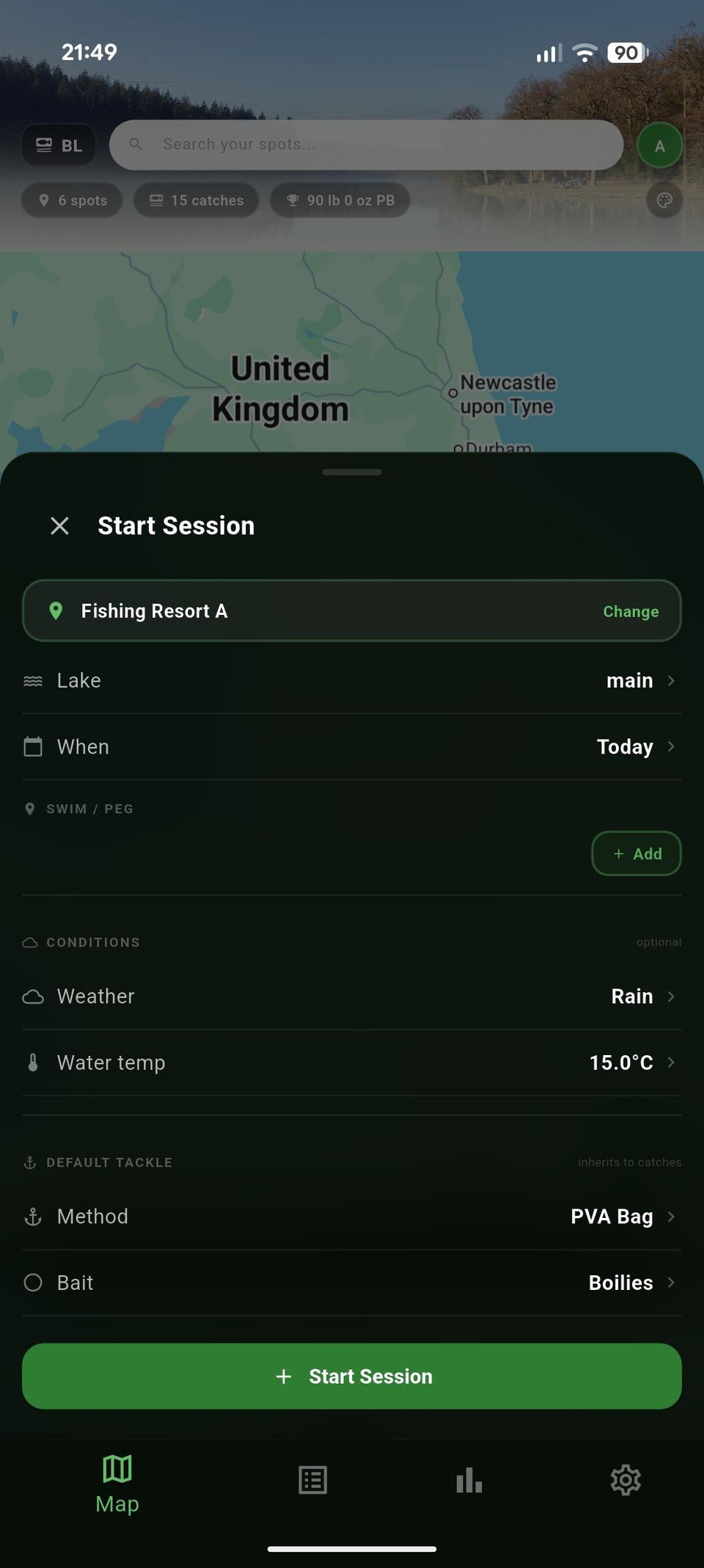 Start Session screen with venue, lake, conditions, and default tackle